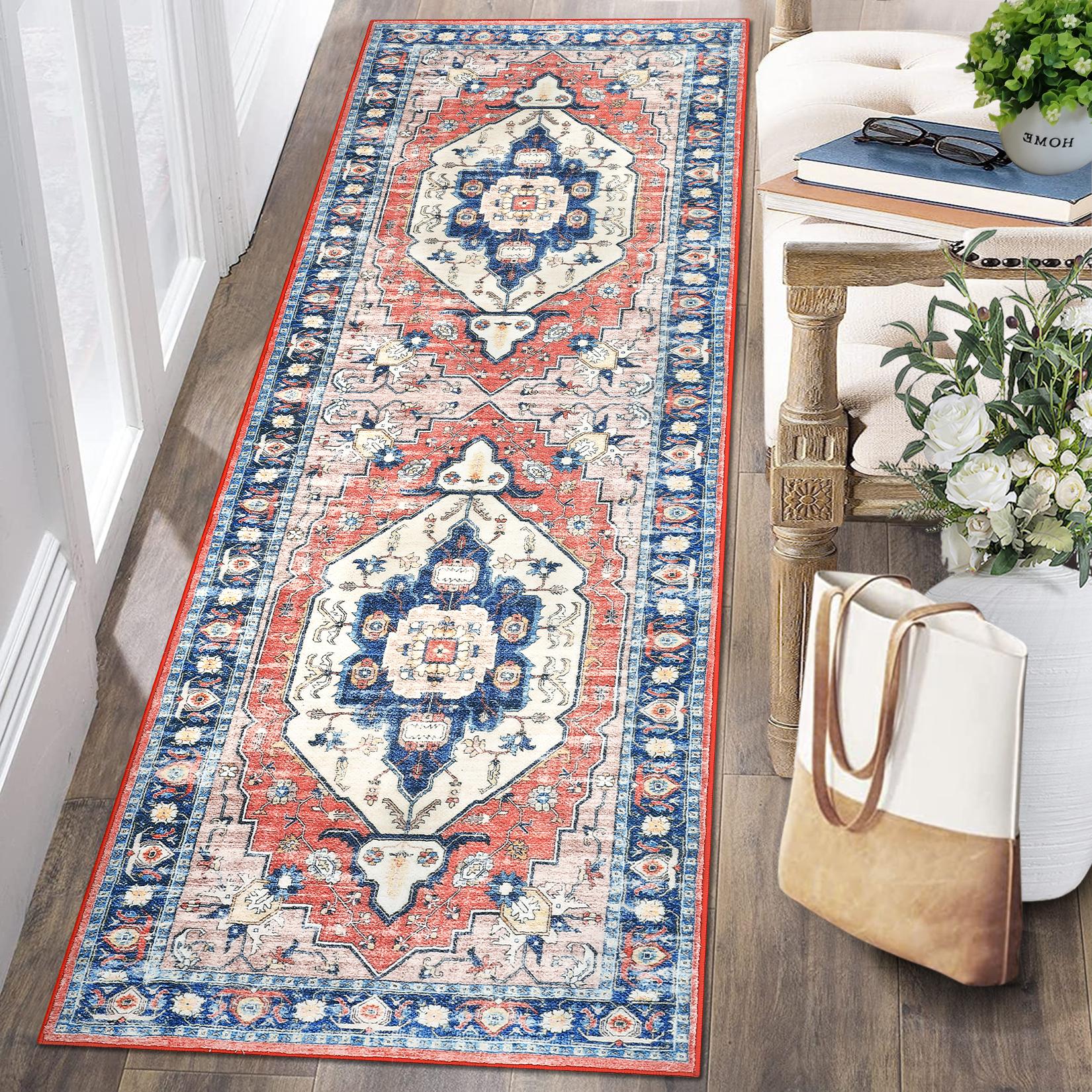 Runner Rug Entryway Runner Rug Vintage Medallion Hallway Runners Ultra-Soft Washable Rug Runner Indoor Non Slip Kitchen Rug Low Pile Non-Shedding Long Rug for Bedside Laundry