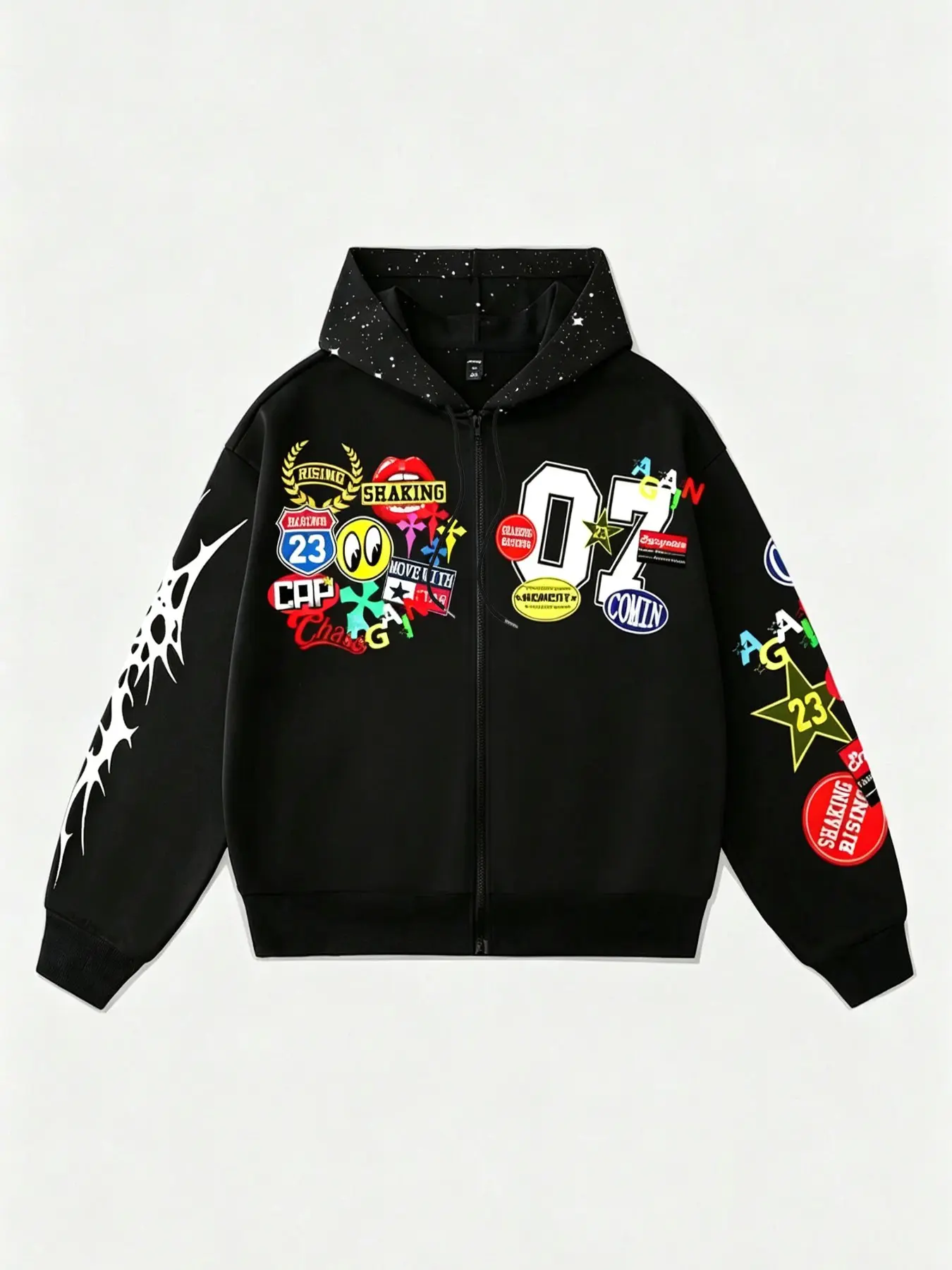 Unisex Oversized Full Zip Up Hoodie Y2K Streetwear Graffiti Graphic Jacket, Long Sleeve Hip Hop Patch Print Sweatshirt Coat, Casual Loose Outerwear for Teen Men Women, Autumn Daily Street Layer Outfit Viral TikTok Fashion Hooded Jacket