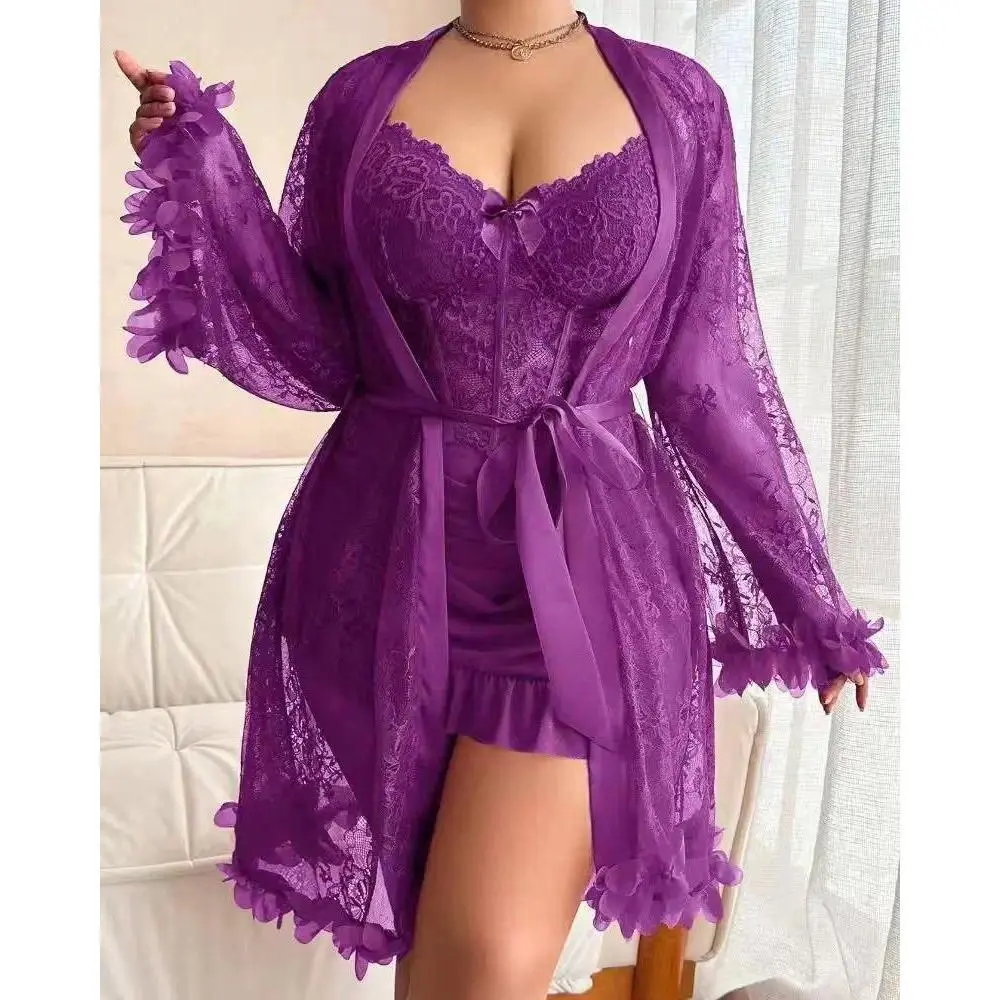 Women’s Lace Bodysuit and Chemise Set, 2 Piece V Neck Mesh Lingerie, Sexy Nightgown Sleepwear for Women