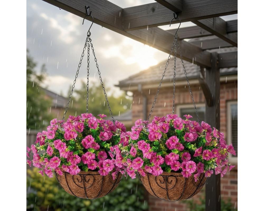 2pcs Artificial Hanging Basket with Morning Glories Faux Flowers in Coco Fiber Liner and Iron Frame Multi-Color Decorative Plant for Balcony, Porch, and Yard Lightweight and Easy to Hang Design Available in Multiple Vibrant Colors