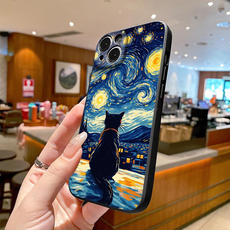 Phone Case - Matte Frosted Phone Case, featuring a scene of a black cat gazing at a starry sky in a village, compatible with iPhone models from 17 to 11 and X series. It has a liquid simulation texture, is skin-friendly and fingerprint-resistant