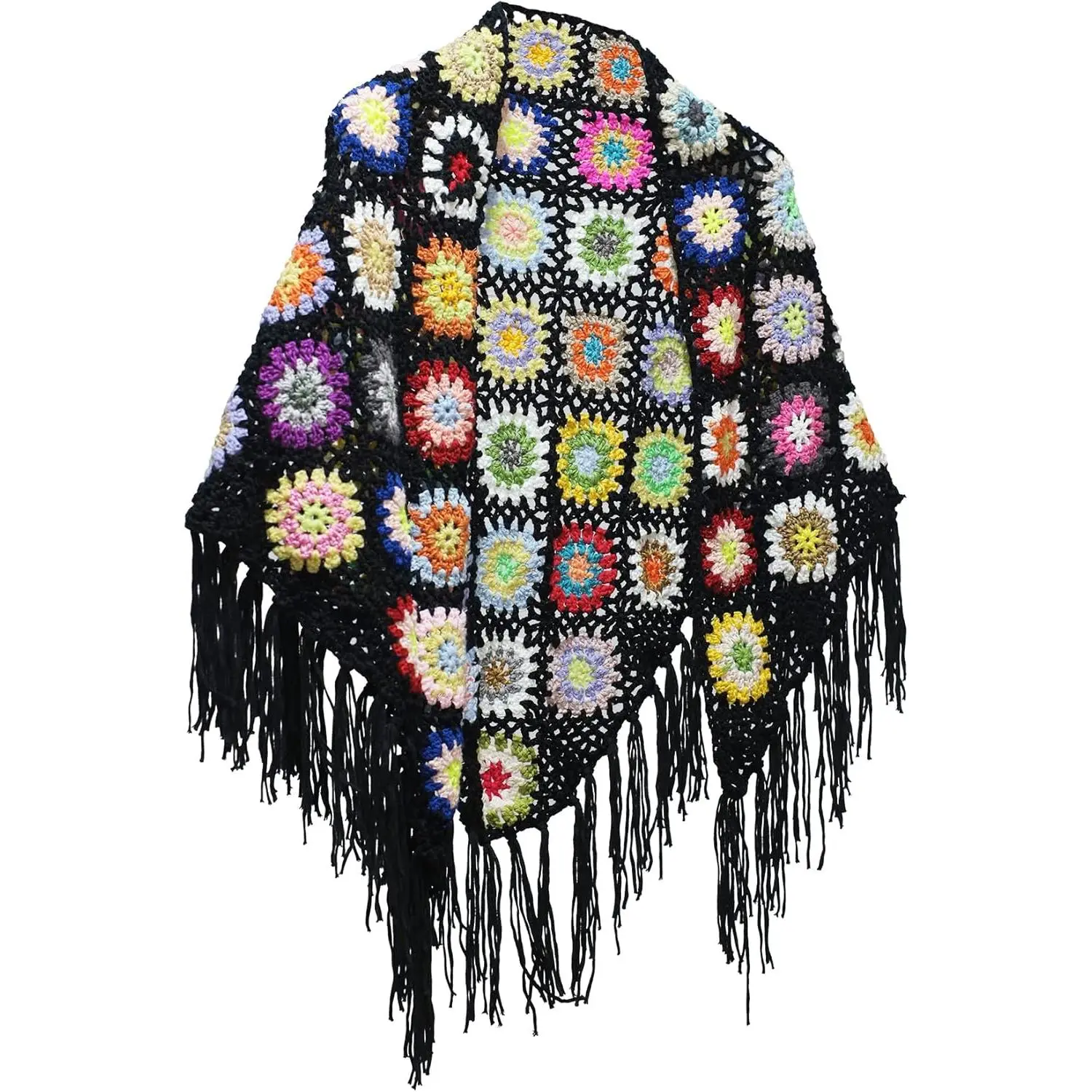 66x29in  Crochet tassels Fringed Poncho Cape Shawls Wraps Granny Square Womens Coat Sweater