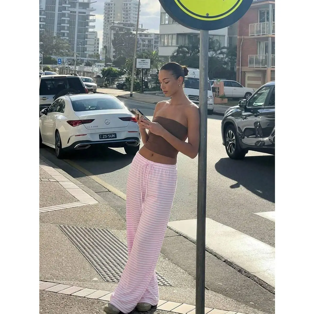 Women's Striped Drawstring Waist Casual Versatile Daily Wear Pants Outfits Outfits Beach Outfits Casual Sets Women Holiday Outfits Women's Sportswear Workout Sets Women Pink Striped Trousers,High-Waist,Leopard,Print,Back,Flare,Leg,Fla,yoga,bootcut,legging