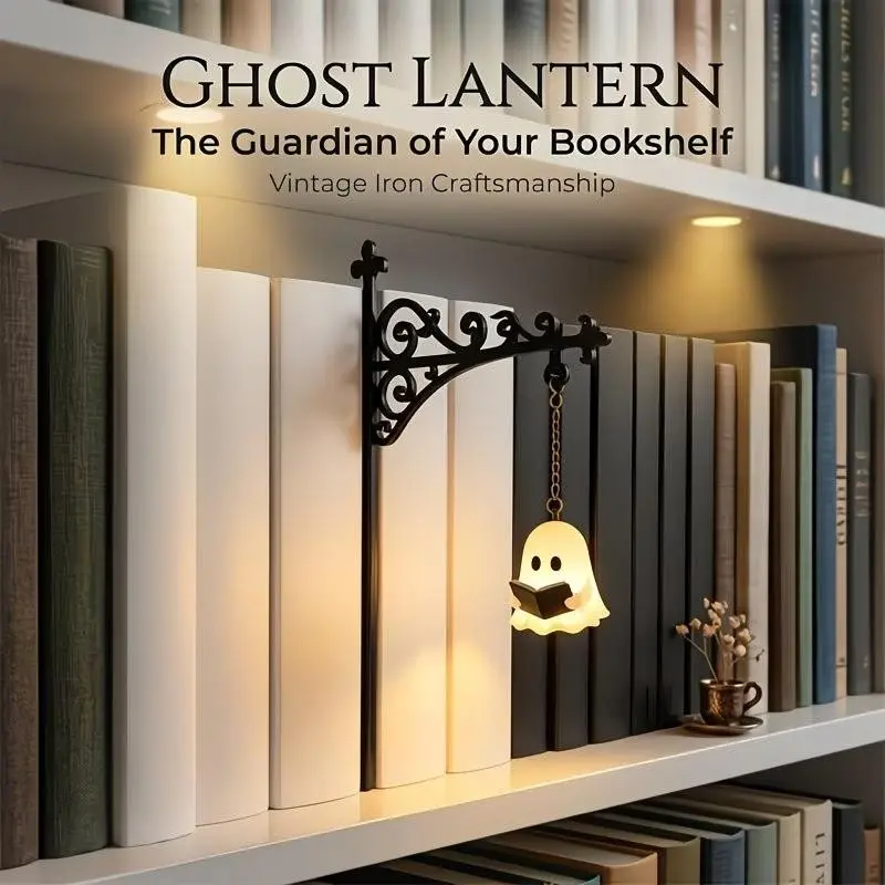Ghost Bookshelf Lantern,Library Mini Bookshelf Lamp, Little Cute Lantern-Decorative Library Hanging Resin Lighting, Miniature Halloween Vintage Patchwork Reading Book LED Nightlight, Decorative Lights
