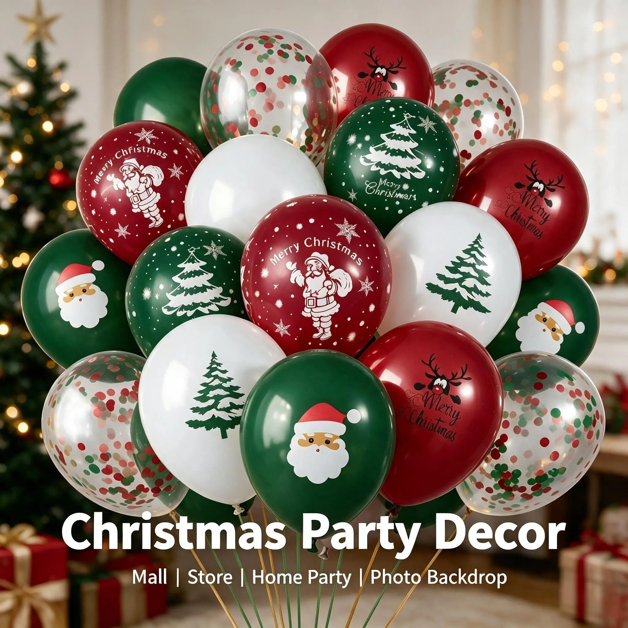 Christmas Print Latex Balloon Set, Theme Festival Party Decor, Santa Tree Reindeer Pattern Confetti Balloons, Home Store Window Christmas Atmosphere Decoration Supplies