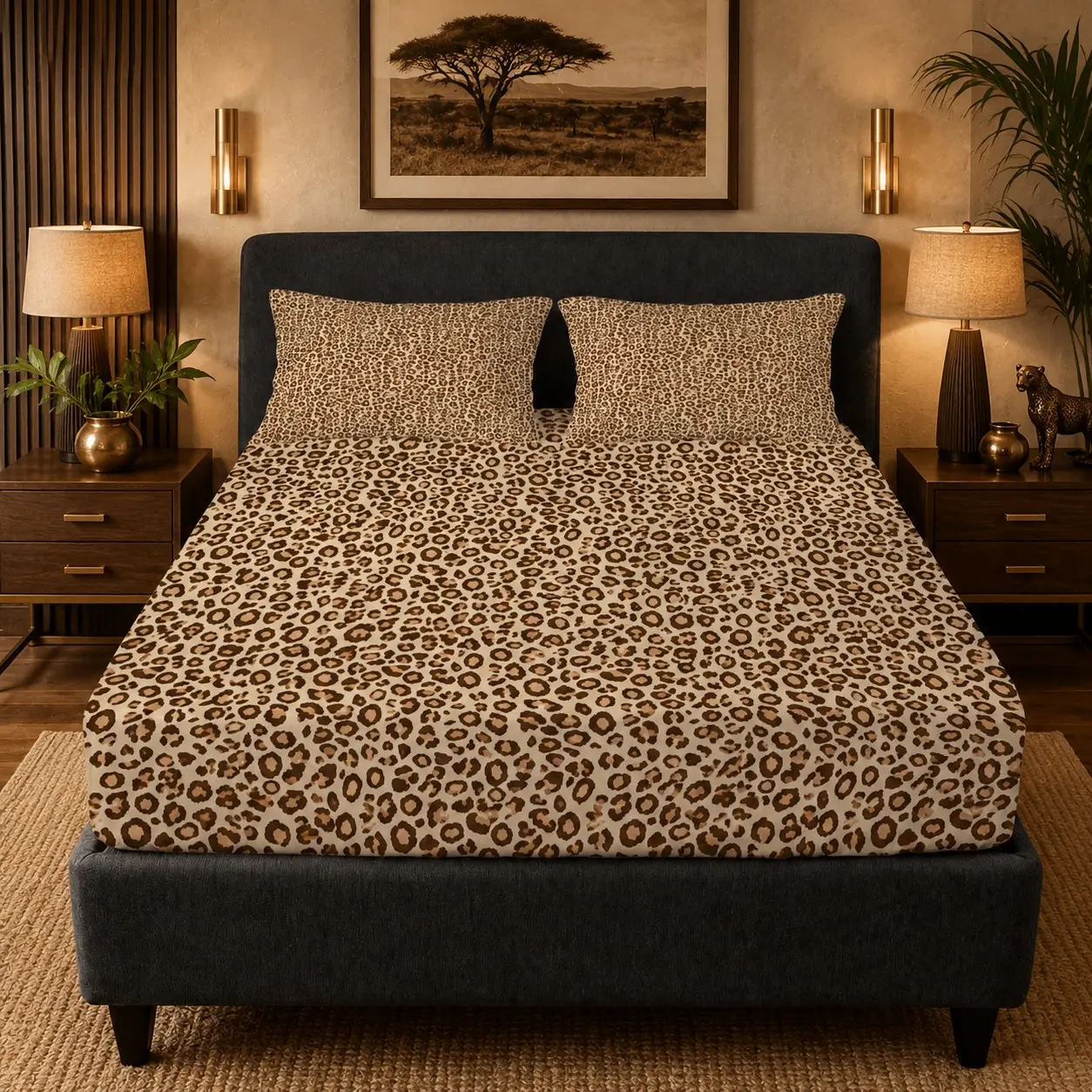 Leopard Print Fitted Sheet Set, 3 Pieces (1 Fitted Sheet + 2 Pillowcases, Without Pillow Insert), Wild Animal Pattern Bedding Set, Decorative Bedsheet Sets, Fitted Mattress Sheets, Breathable Deep Pocket Design, Ideal for Teen & Adult Bedroom Decor