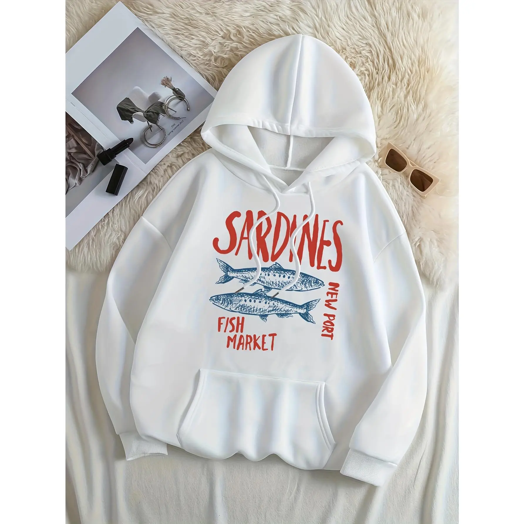 Women'S Cozy Sardine Market Hoodie - Casual Fall/Winter Pullover with Vivid Fish Print, Warmth Retention, and Front Pocket, Perfect for Beach or Casual Attire, Beach Hoodie