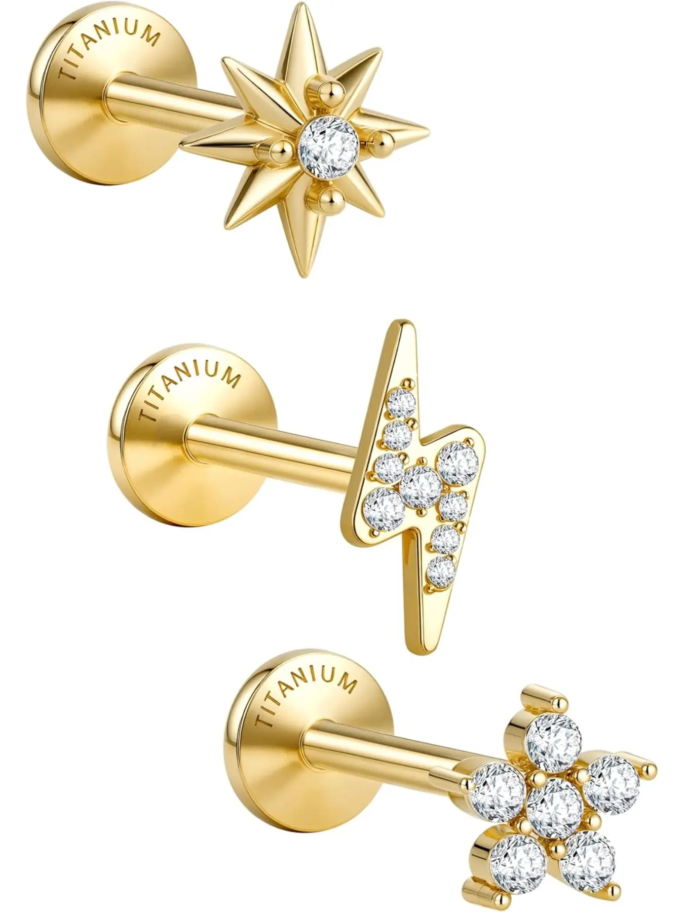 G23 Implant Grade Titanium 18G Internally Threaded Flat Back Earrings 5A CZ Studs: 14K Gold Hypoallergenic 3 Pcs Tragus Cartilage Conch Helix Piercing Jewelry for Sensitive Ears Women Men