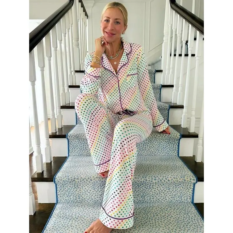 Rainbow Hearts Wide Leg Pajama Set（gift） Fabric Loungewear