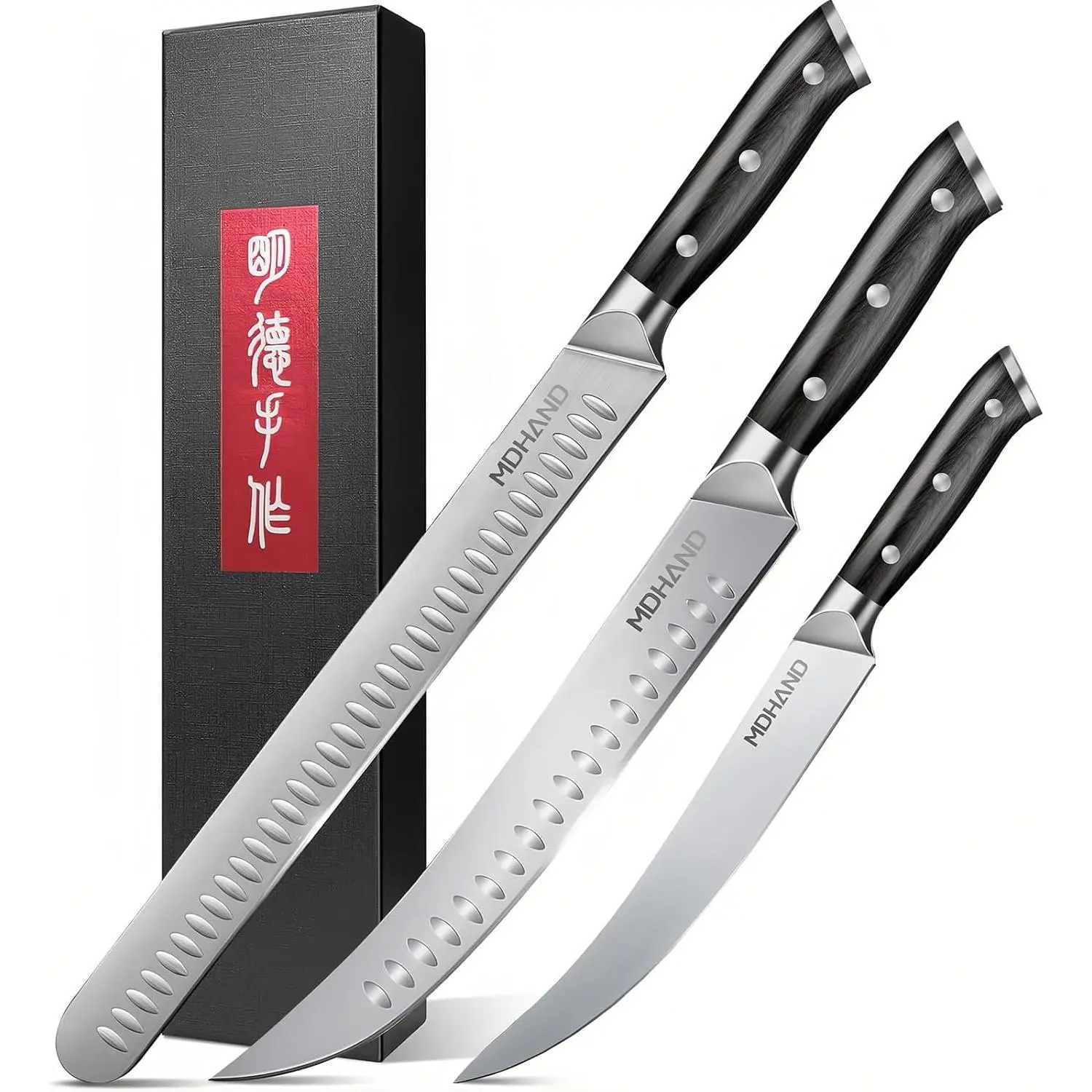3PCS Kitchen Knife Set, MDHAND Carving Knife Set, High Carbon Steel Butcher Knife Set for Meat Cutting with Ergonomic Pakkawood Handle, BBQ Brisket, Breaking & Boning & Slicing Knife for Meat Cutting, Gifts for Men,home essentials