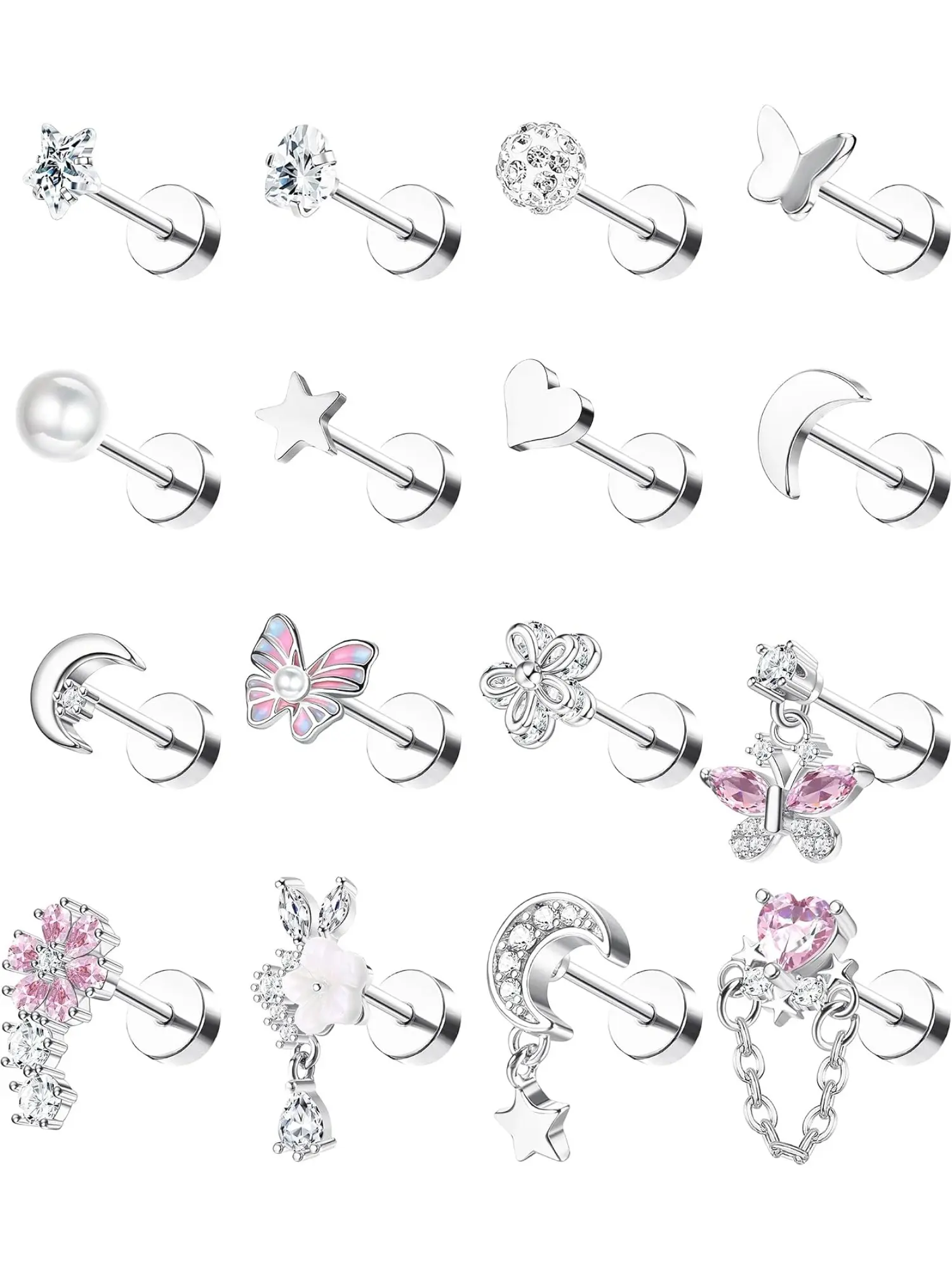 16G 16Pcs Internally Threaded Flat Back Piercing Studs, 316L Stainless Steel CZ Heart Cartilage Tragus Helix Lip Nose Labret Earrings for Sensitive Ears, Unisex Ear Stack Jewelry for Daily Outfits & Gift Giving