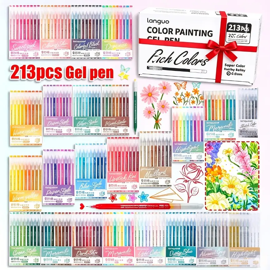Languo 213pcs Gel Pen Set, 0.6mm Tip, Rich Colors, Large Ink Capacity, Ideal for Office, Drawing, Journaling, DIY Art Projects, Gift Box, Bulk Graduation Pens, Office Stationery Supplies