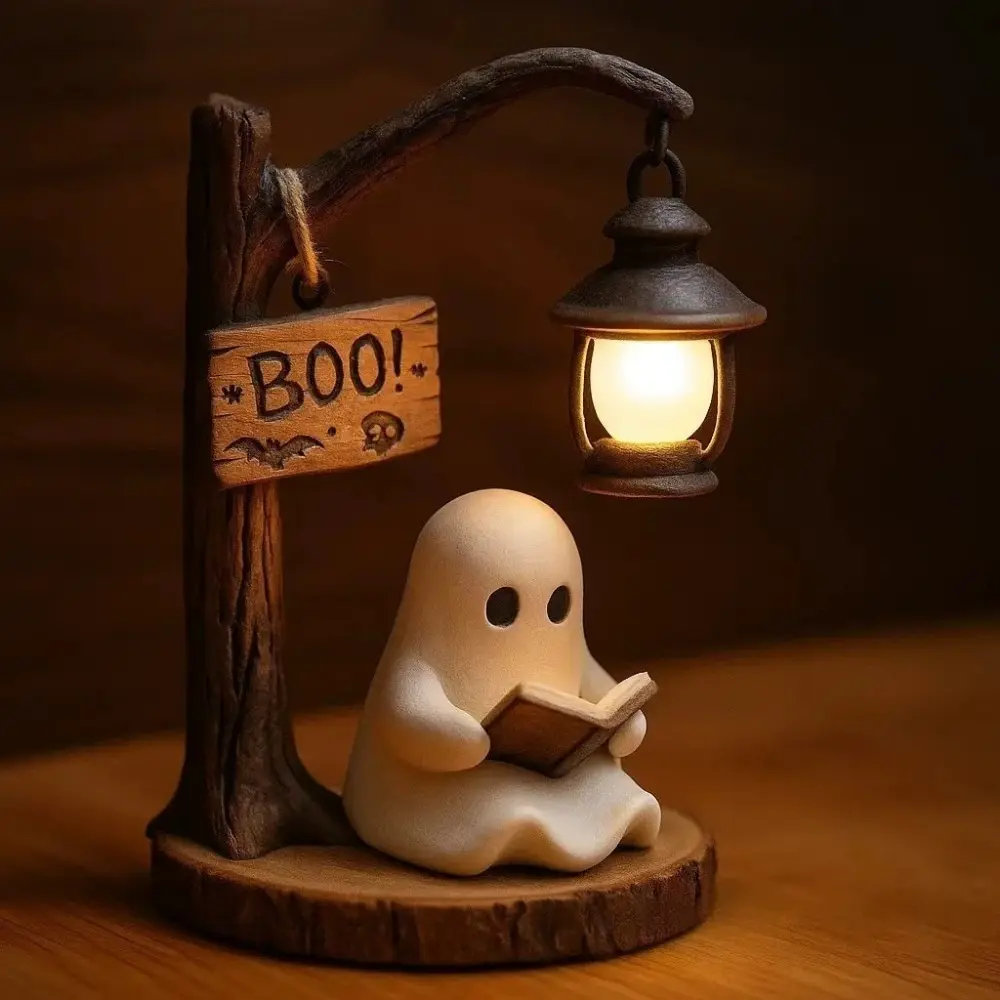 Cute Reading Ghost Resin Table Lamp Halloween Boo Ghost Figurine with Hanging Warm Lantern Mini Ambient Night Light Decor with Built-in Button Batteries