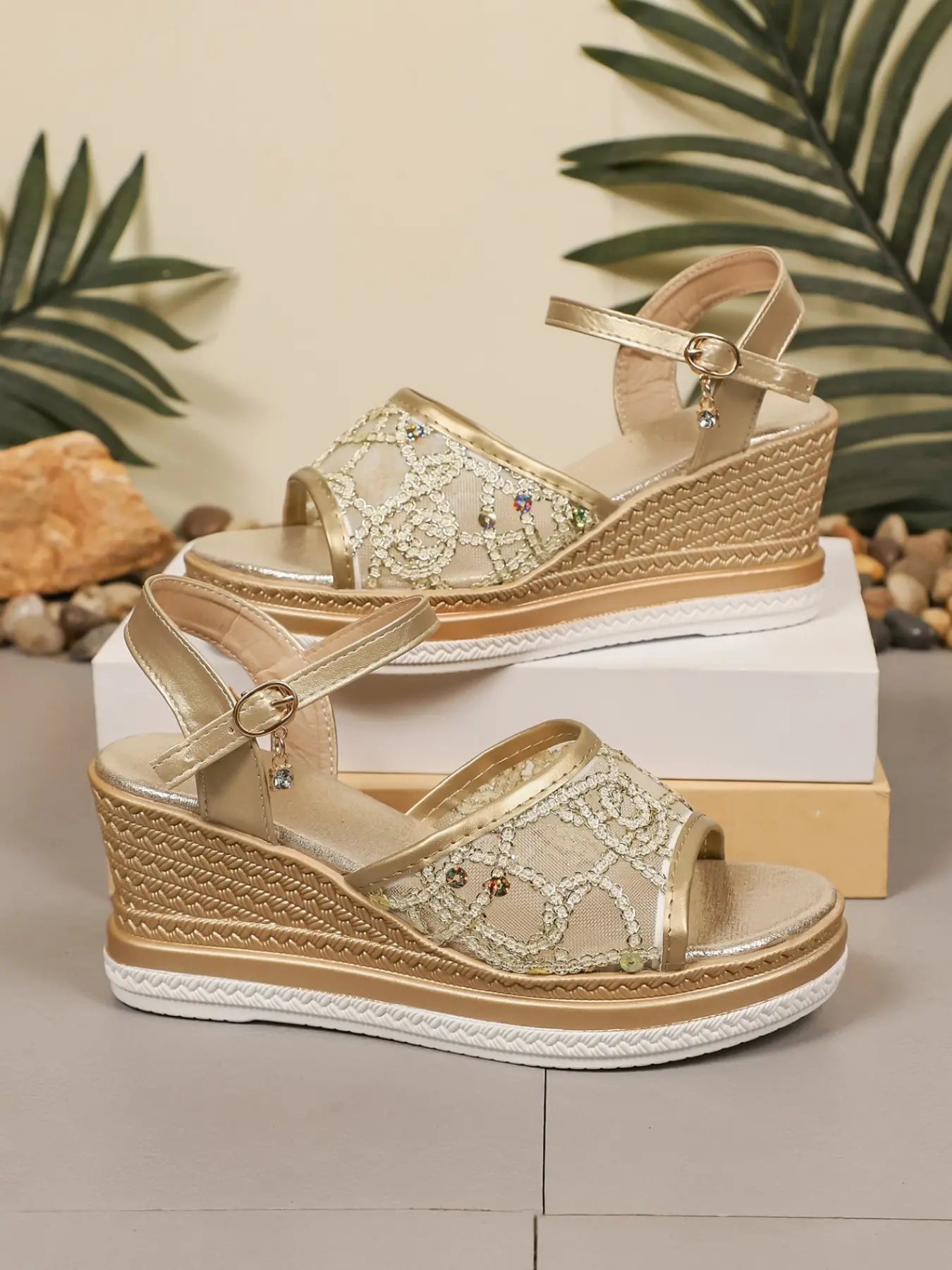 Women Lace Mesh Espadrille Wedge Sandals, Rhinestone Open Toe Ankle Strap Platform Wedge Heels, Summer Bohemian Vacation Sandals, Strappy Sandal