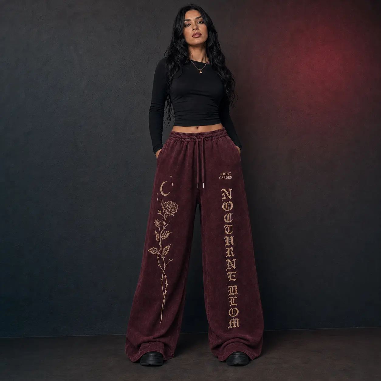 Women’s Gothic Floral Wide Leg Sweatpants, Oversized Baggy Lounge Pants with Moon Rose Graphic, Elastic Drawstring Waist & Pockets, Vintage Washed Streetwear Joggers for Y2K Outfits, Travel, Campus, Dance, Gym, Casual Wear