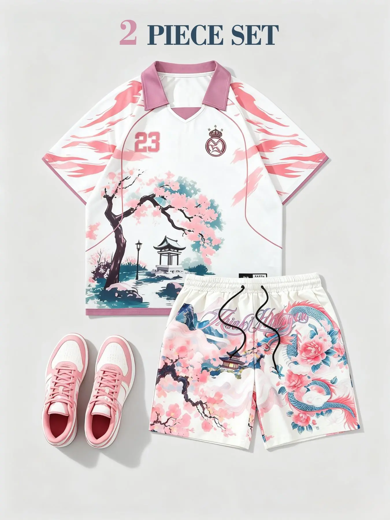 Men's Loose Japanese Style Aesthetics Two-Piece Set, Collar V-Neck Floral Print Jersey + Dragon Cherry Blossom Drawstring Shorts, Y2K Streetwear Outfits