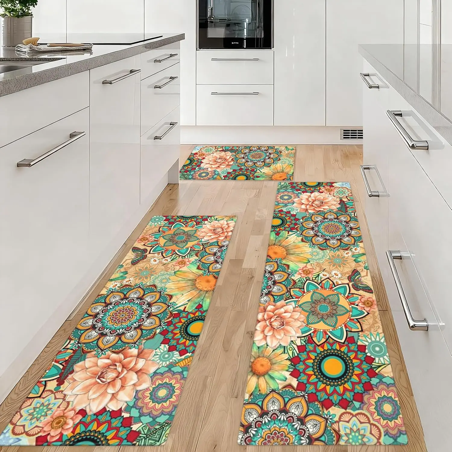 Boho Kitchen Rugs Sets of 3 count, Colorful Teal Floral Kitchen Mat for Floor Area Runner Rug Washable, Flower Boho Kitchen Decor and Accessories