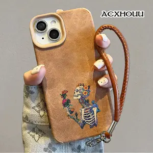 iPhone 17 16 15 14 13 Pro Max Skeleton Floral Memento Mori Coffee Brown Suede Leather Case Premium Microfiber Soft Shell,Anti-Scratch Velvet Texture,Elevated Lens Guard Protective Cover