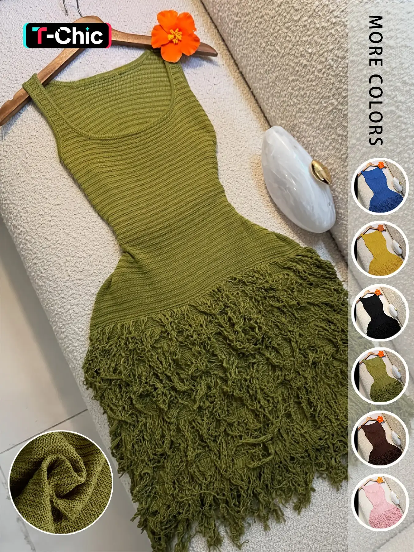 Elegant Knitted Dress for Women, Summer Vacation Fringe Dress, Slim-Fitting Bodycon Summer Dress, Plain Round Neck Sleeveless Dress for Spring & Summer