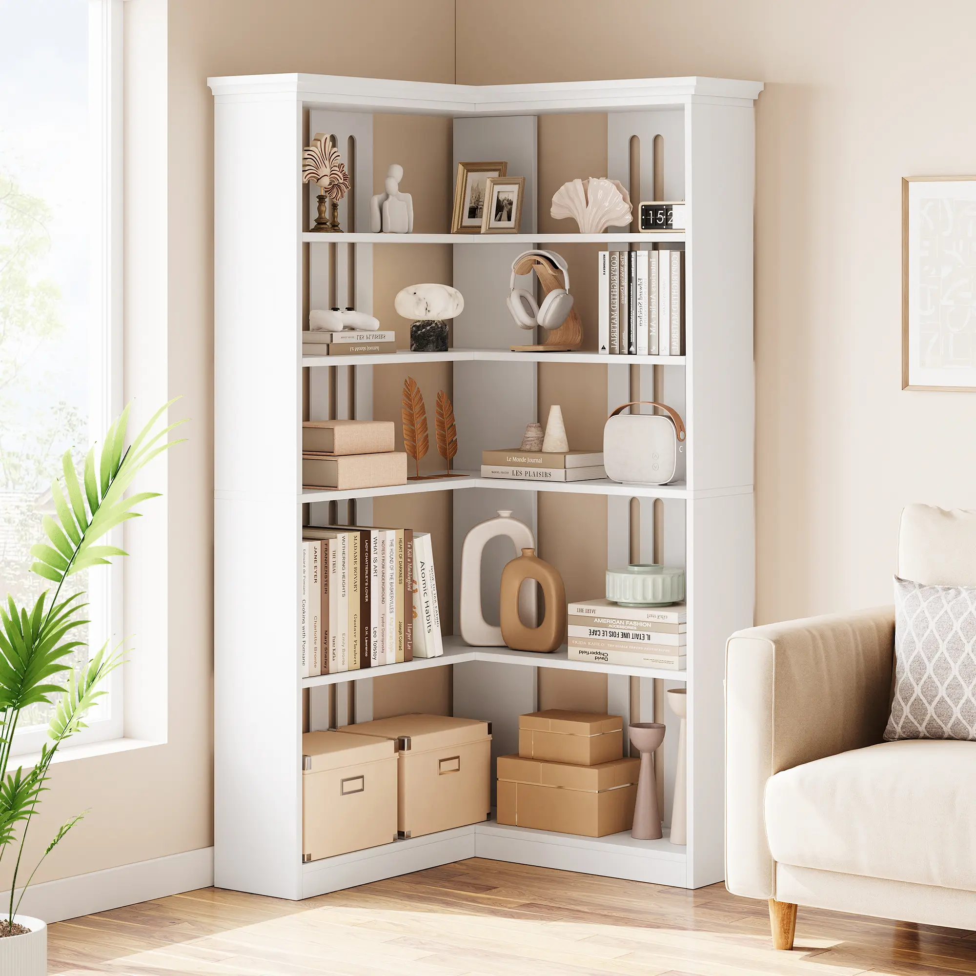 72.8in Tall L-Shaped 5-Tier Corner Decorative Aesthetic Rustic Bookshelf, Large Wooden Display Storage Rack with Full Back Panel, Farmhouse Book Nook Organizer for Living Room, Bedroom