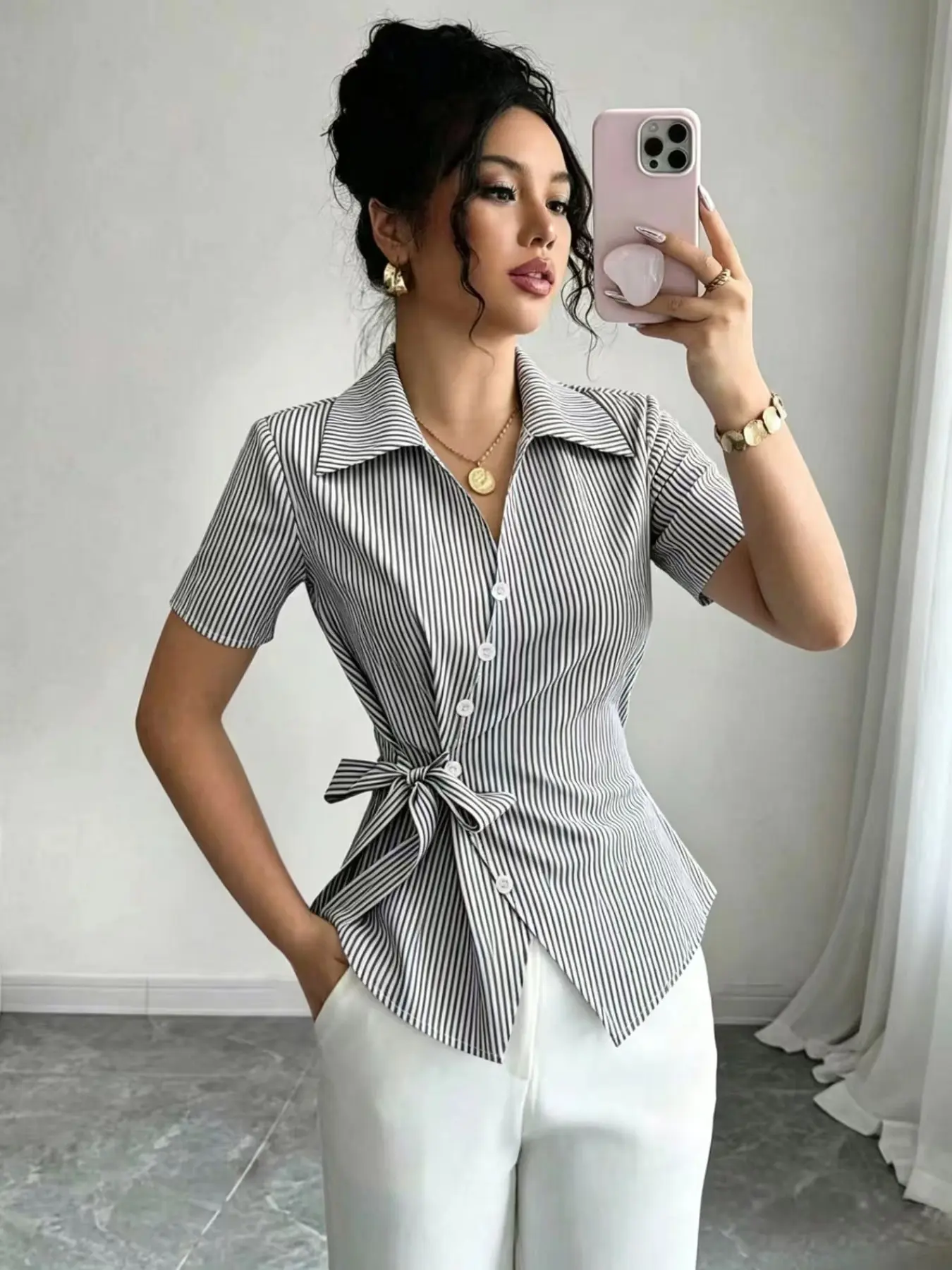 Elegant Asymmetric Collar Short Button Shirt for Women, Business Casual Striped Top, Summer Office Wear, Stylish Ladies' Blouse, Versatile Fashion Shirt