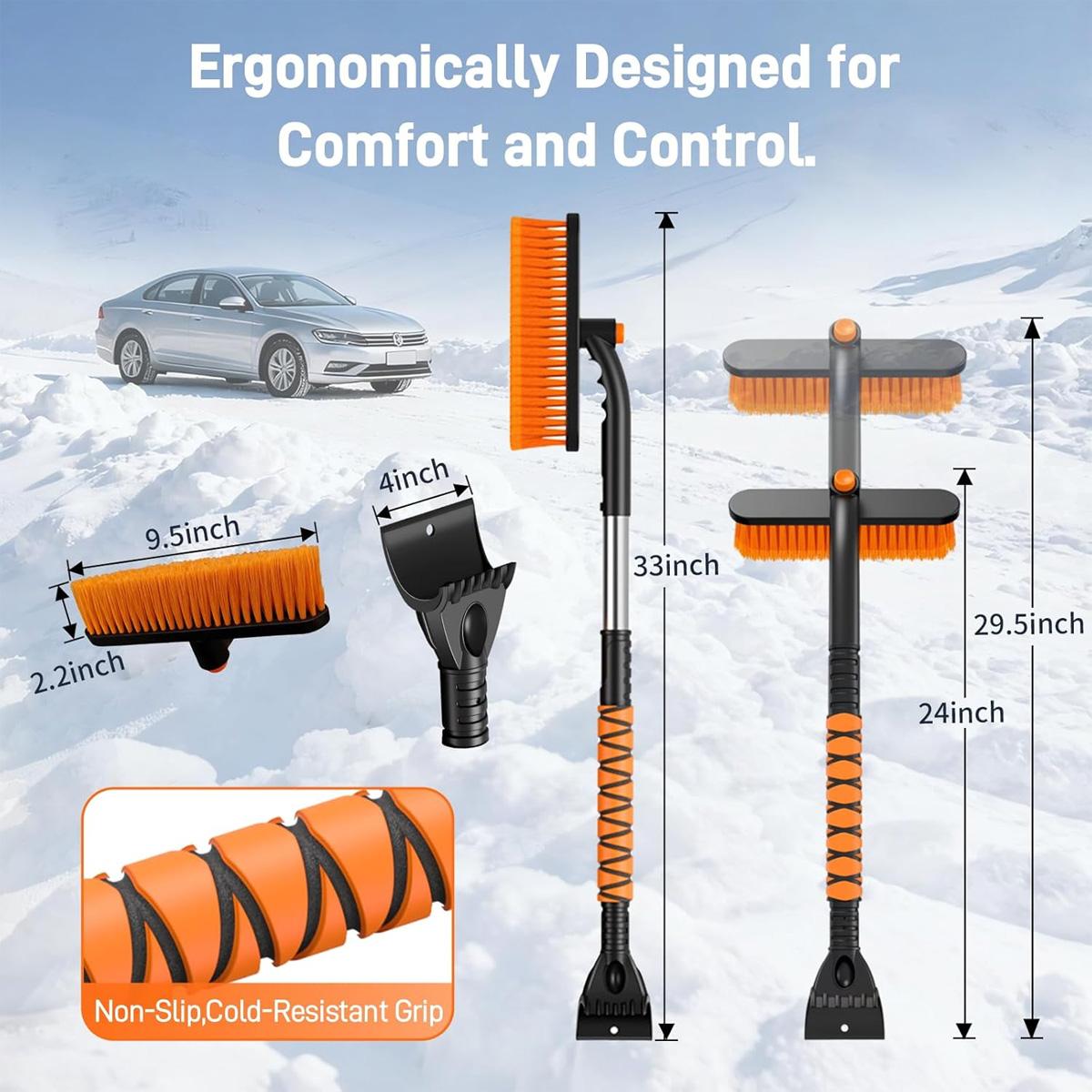 2 in 1 Snow Brush for SUV, 360° Pivoting Extendable Long Snow Brush for Car, Snow and Ice Scrapers for Windshield with Ergonomic Foam Grip for Car Truck SUV, Winter Car Accessories