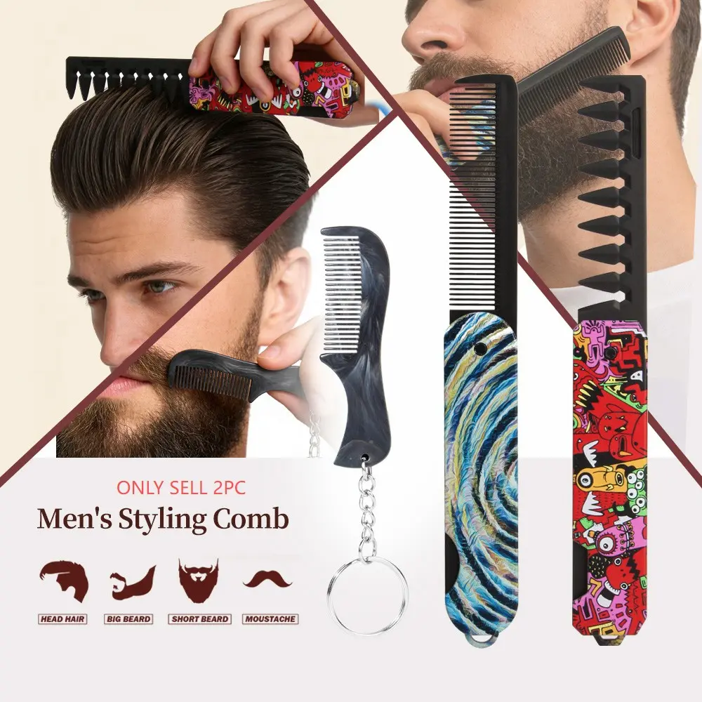 Men's Multi-Functional Hair Styling Comb Set, Portable Keychain Beard Brush, Mini Styling Comb for On-The-Go Hairstyling and Beard Grooming