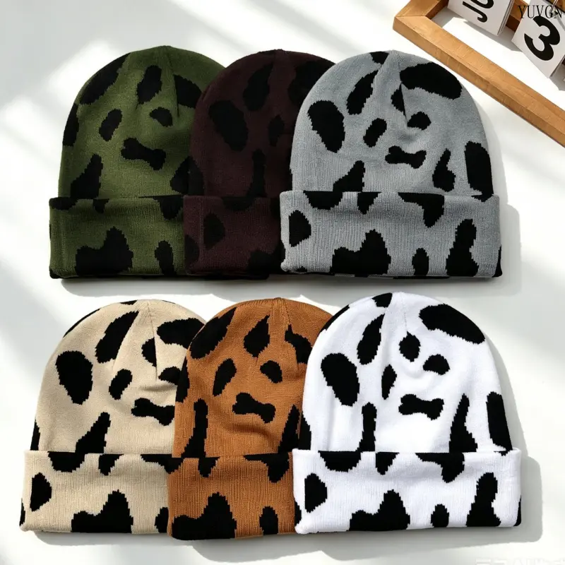 Cow‑print Cuffed Beanie, Y2K Leopard Spotted Skull Cap, Trendy Animal‑print Headwear, Street‑style Accessories for Daily Matching, Skating and Outdoor Walking
