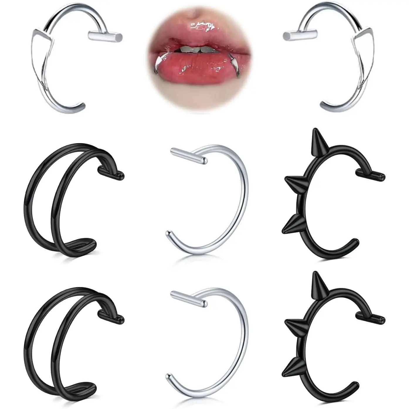 Black  Lip   Lip Ring Cuffs Clip  Nose Ring Hoop Faux Snake Bites Non Piercings  Vampire   Fangs for Halloween  Clip Double Earring Hoop