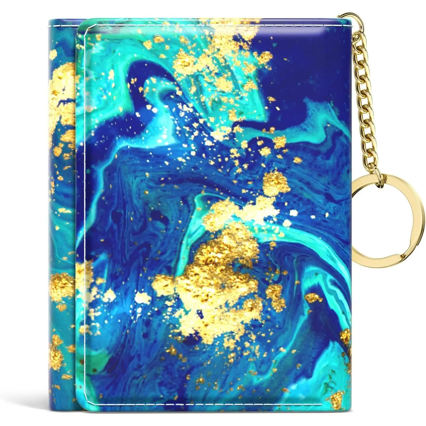 Womens Wallet, Small Slim RFID Card Wallets for Women, Cute Front Pocket Trifold Leather Card Organizer with 7 Slots & ID Window,  Teal Marble