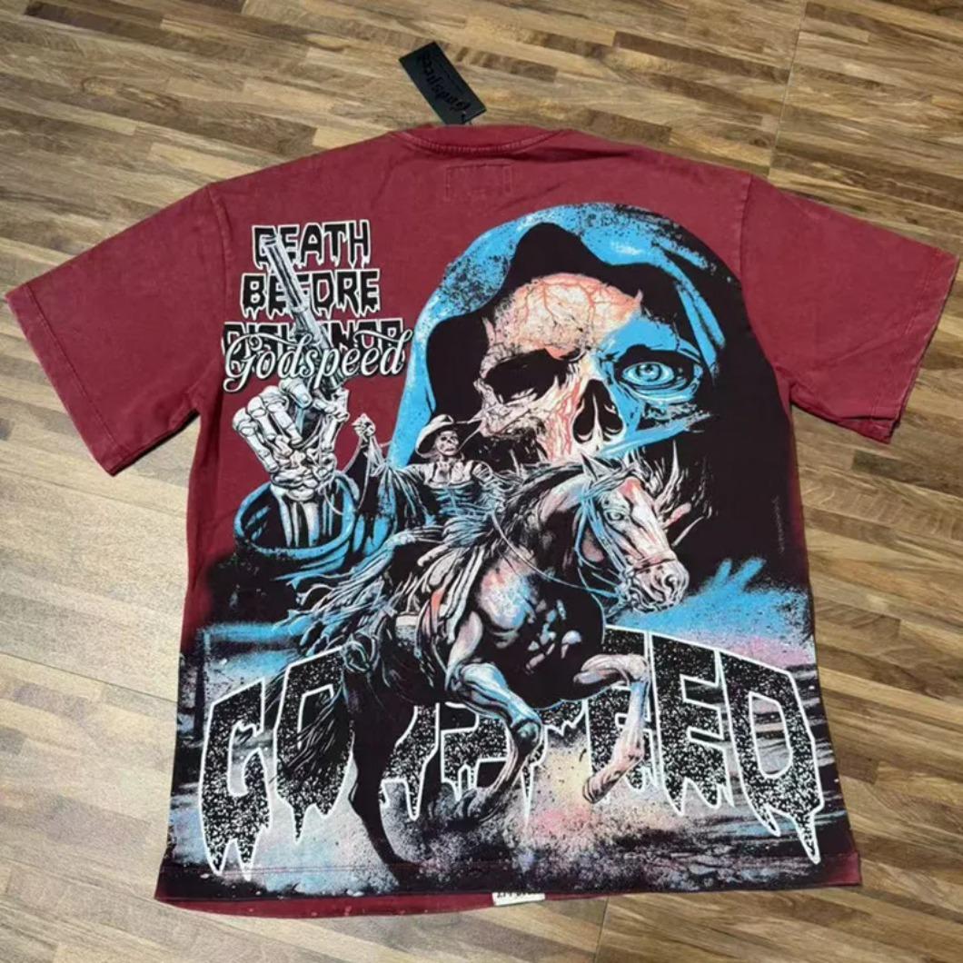 Real Photo Original Label Ripped Hot Drill Godspeed Short Sleeves T Shirt American Cotton Vintage Washed Rhinestone Bling Oversized Loose Unisex Round Neck Streetwear Hip Hop Y2K Casual Tops Tees With Tags For Men Women