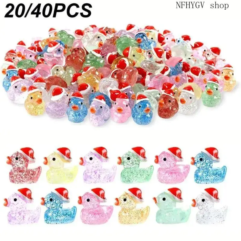 20 Pack Colorful Glitter Resin Christmas Duck Ornament Set, Plug-Free Multicolor Mini Animal Miniatures, Festive Tabletop Decor for Indoor Home Layouts And Holiday Small Gift Gifting