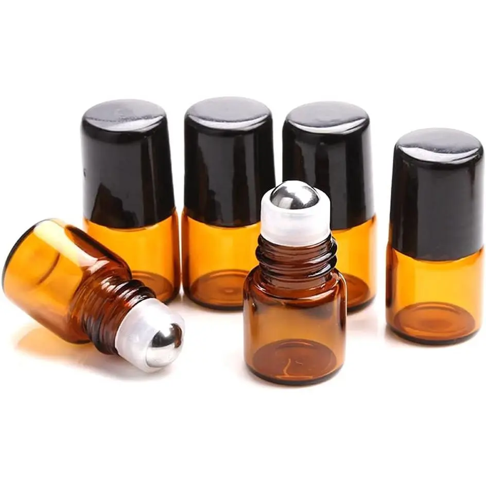 25 Pack 1ml Amber Glass Roll-On Bottles for Essential Oils, Perfume Vials with Stainless Steel Roller Balls, Black Caps, Mini Sample Vials for Cosmetics, Small ContainersGift