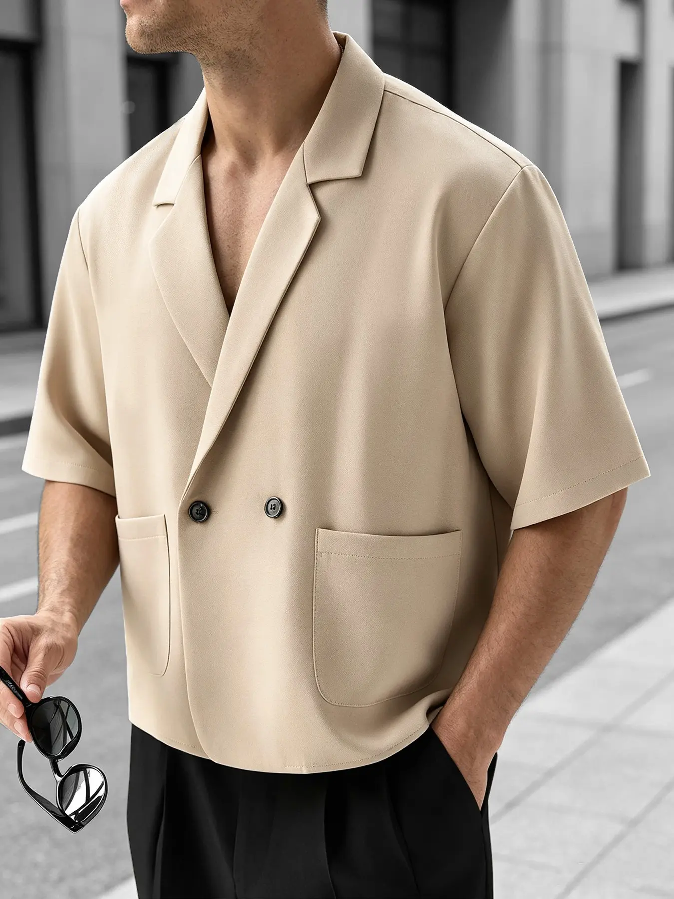 Men's Two-Piece Set, Double-Breasted Short Sleeve Blazer, Wide Leg Pants, Summer Casual Formal Wear, Loose-Fitting, Organic Textile, Menswear