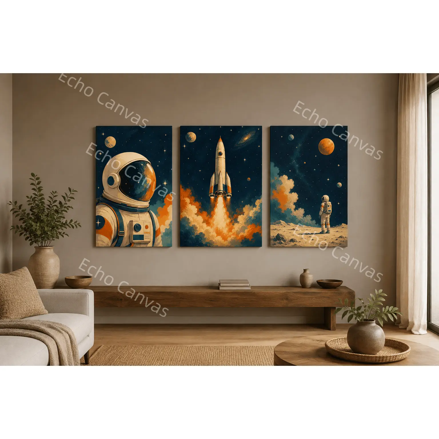 Retro Space 3 Piece Canvas Poster Set, Astronaut Rocket Planet Wall Art, Navy Orange Galaxy Aesthetic Poster, Boys Bedroom Decor, Playroom Wall Decor, Office Wall Art, Space Lover Gift