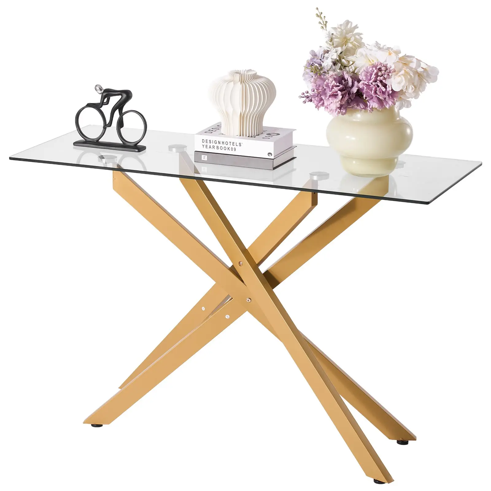 VEVOR Glass Coffee Table, Modern Rectangle Sofa Side Table with Tempered Glass Top & Iron Cross-Legs, Golden Geometric Consloe Desk with Adjustable Anti-slip Foot Pads for Living Room, Entryway, Foye