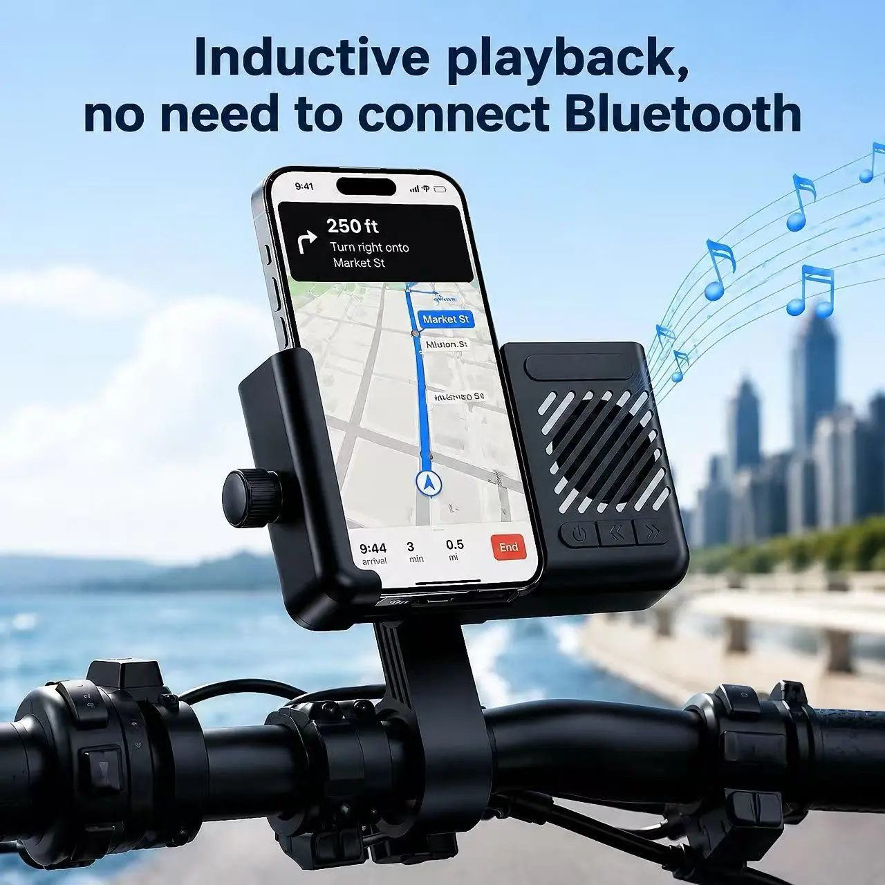 Bicycle sensor speaker, no need to connect Bluetooth, wireless intelligent sensor Bluetooth speaker, play on play, navigation stand, adjustable stand, volume amplifier, long battery life, suitable for riding navigation, listening to music, calling