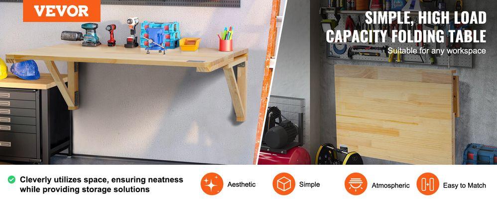 TikTokShopBlackFridayVEVOR Wall Mounted Folding Table, 31.5" x 23.62" Wall Mount Drop Leaf Table, Wooden Floating Desk with Iron Bracket, Fold Down Desk for Small Spaces, Home Office, Dining, Laundry Room, Kitchen, Bar