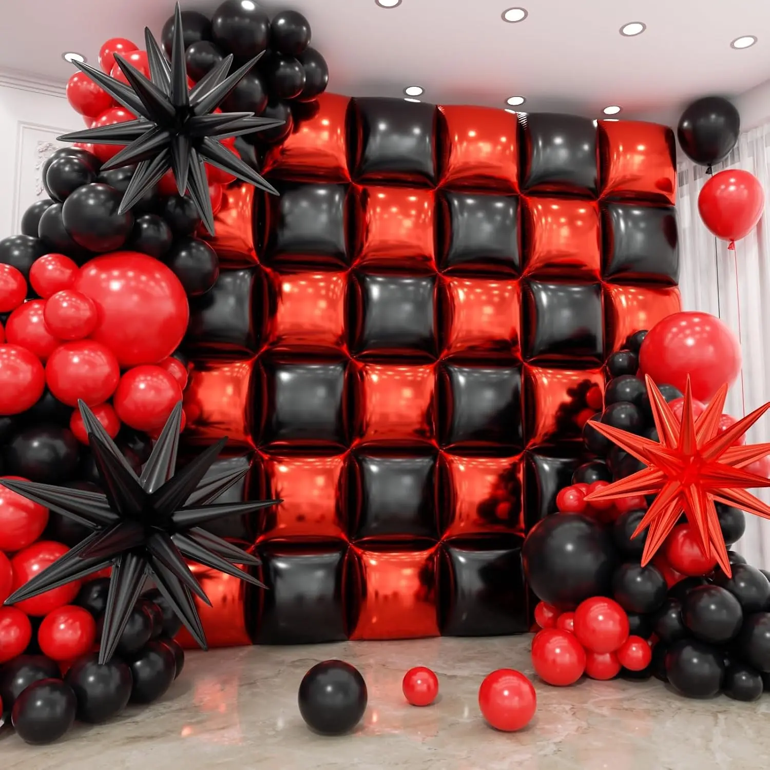 36pcs Red and Black Square Foil Balloons Wall Backdrop with 147pcs Balloon Garland Arch Kit, Double Sided Balloons for Birthday Prom Anniversary New Year Graduation BBQ Casino Party DecorationsGift