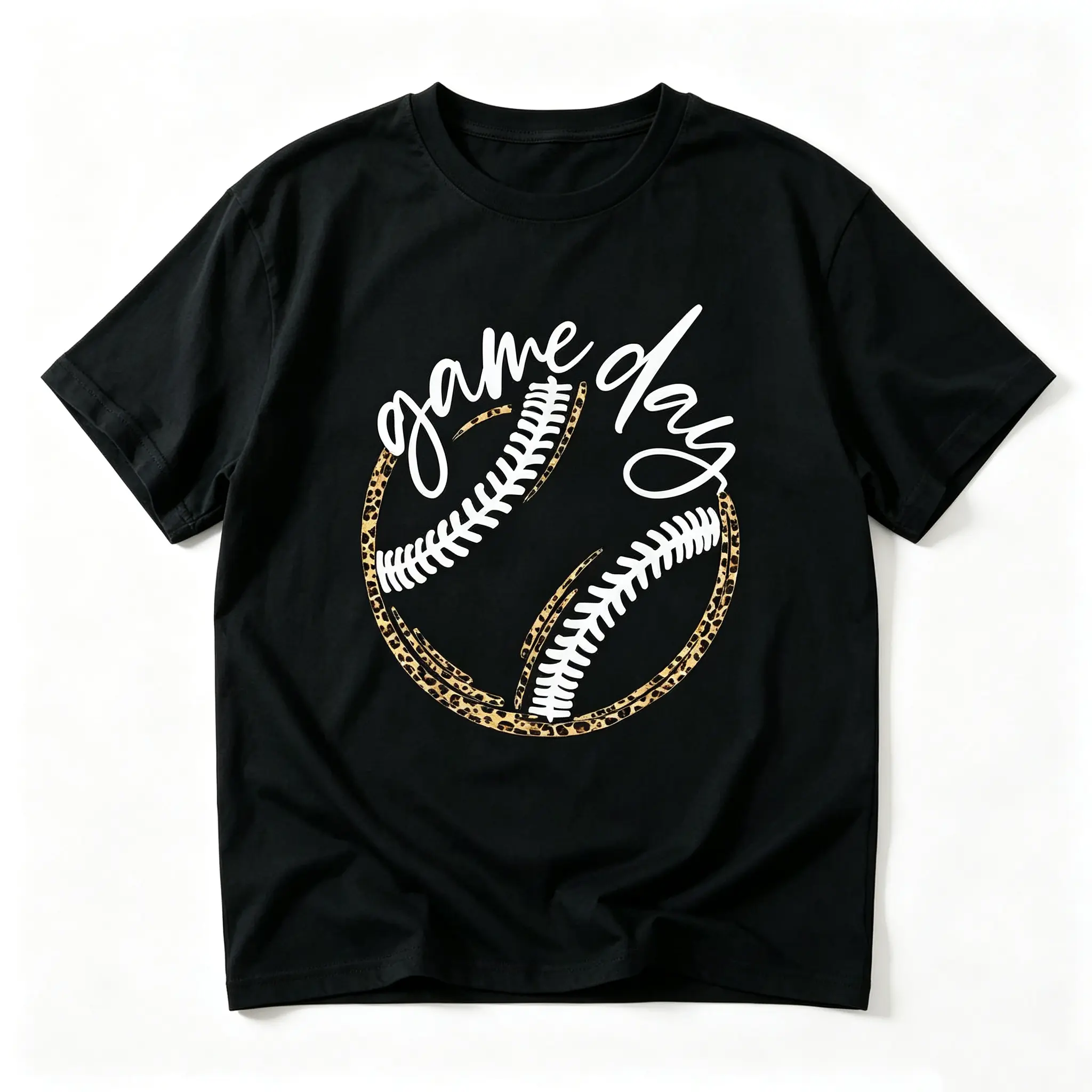 Women's Minimalist Oversized Loose Simple Basic Short-Sleeve Sports Top - Leopard Baseball Graphic, Softball Cursive Slogan, Game Day Casual Outfit, Shortsleeve, Everyday, Print, Round Neck, Streetwear