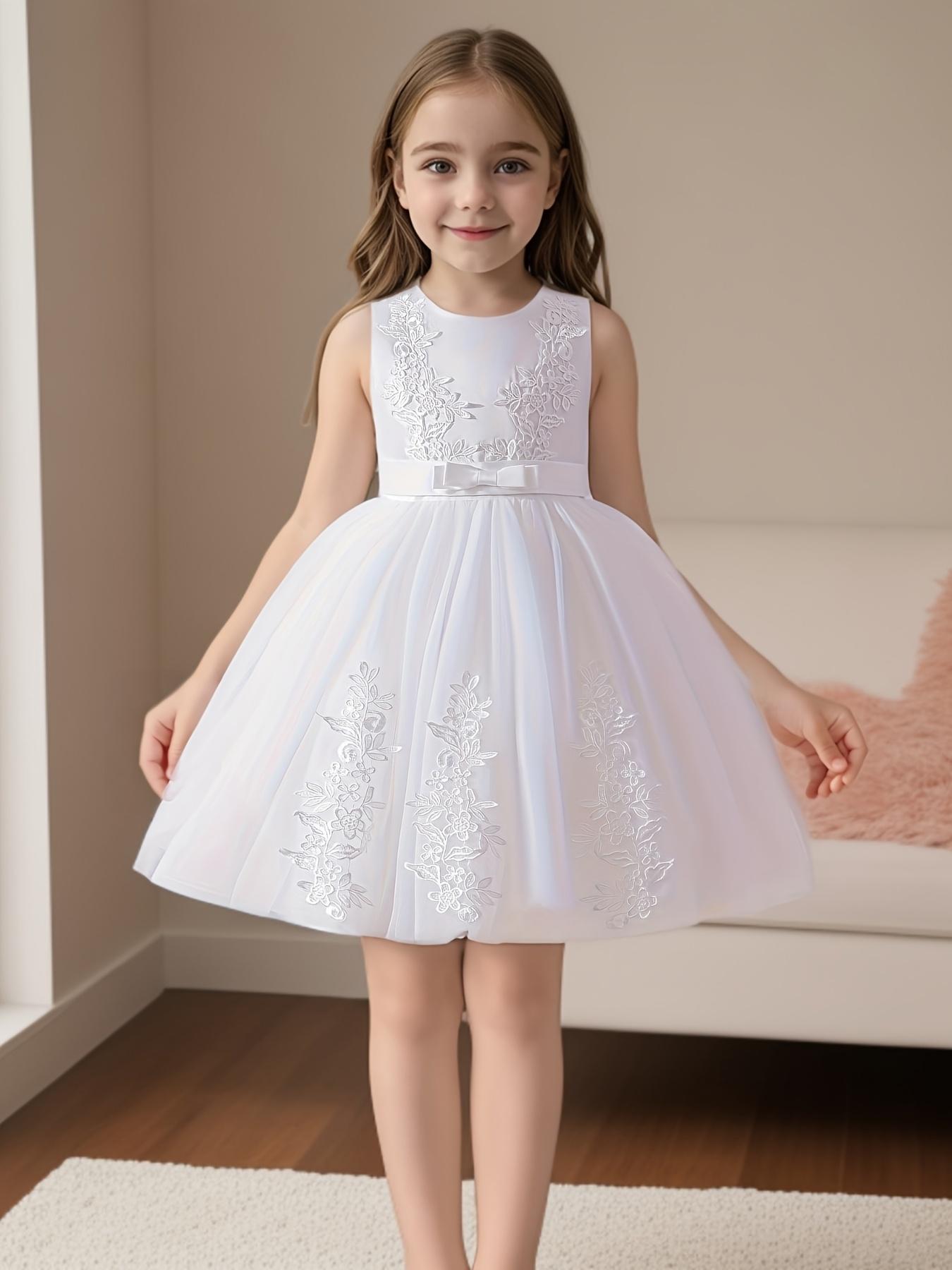 Girls Princess Dress Lace Mesh Flower Girl Wedding Stage Runway Sleeveless Midi Crew Neck Embroidered Tie Back Flared Hem All Season Non Stretch Formal Dresses
