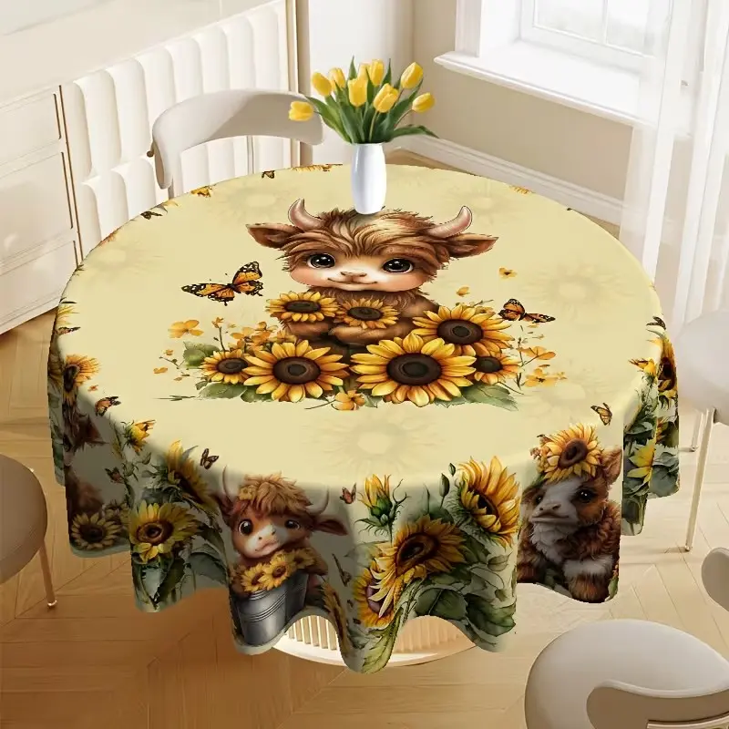 2D Flat Party Tablecloth, Highland Cow and Sunflower Round Tablecloth, Vintage Cute Sunflower Pattern, Theme Parties, Home Decor, Easy Maintenance