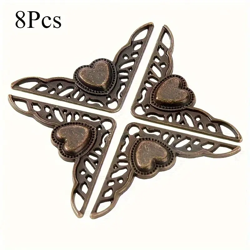 8pcs heart-shaped metal corner protector, suitable for jewelry boxes and wooden boxes-decorative corner protective strips decorated with complicated filigree technology and gold plating, wrought iron technology, furniture safety accessories.