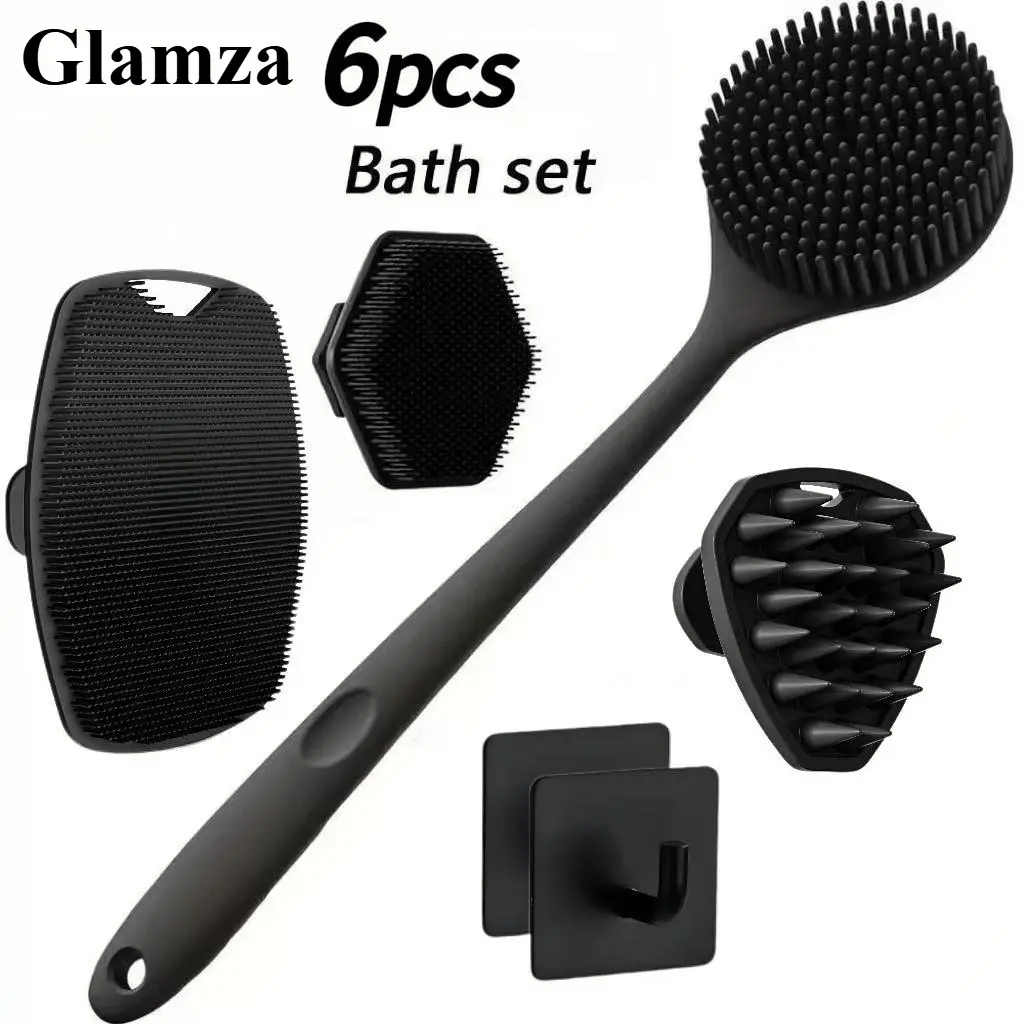 Glamza Silicone Body Care Brush Set, 6 Counts Long-Handle Back & Face Brushes, Bath Brush, BodyBrush for Showering, Hairbrush & Body BackScrubber, Professional Skincare Tools for HomeTravel Use, Shower Brush Exfoliating Tool