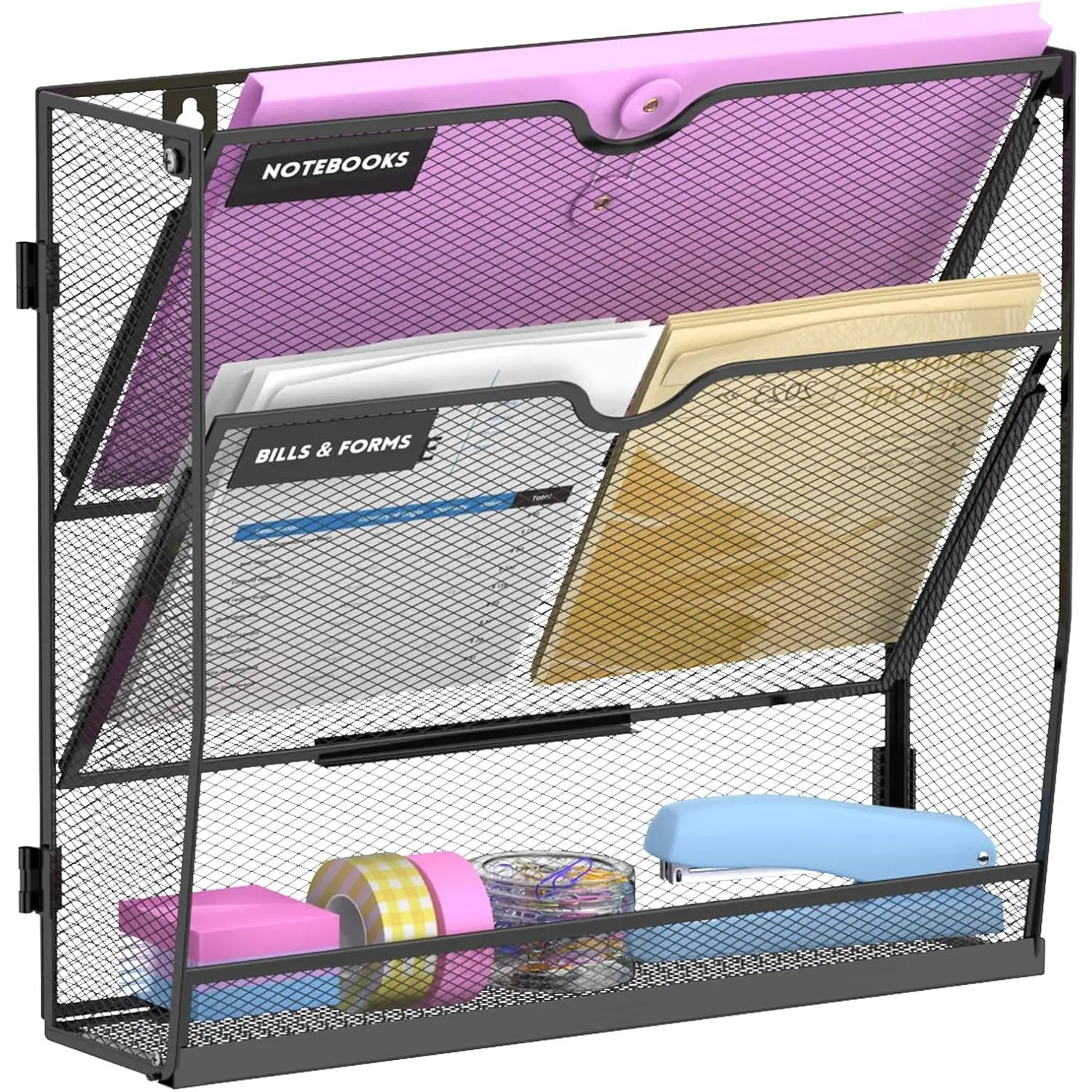3-Tier Wall File Organizer with Base, Wall Mounted File Holder | Vertical  File Organizer with Open Compartments and Label Holders for Mail, Folders and Paperwork at  or Work