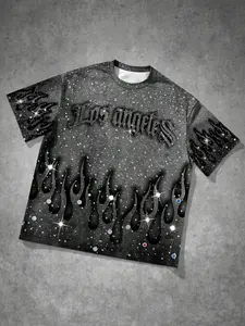 Men's Fashion Streetwear Sporty Casual T-Shirt, Creative Los Angeles Diamond Starburst Flame Print, Versatile Long Sleeve Top for All Seasons