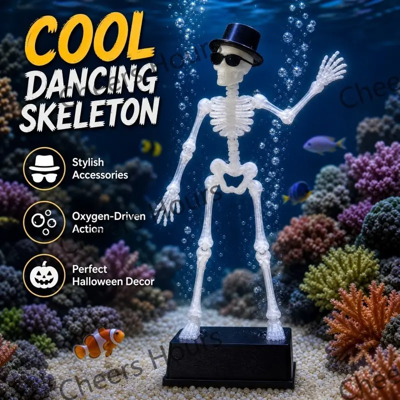 Dancing Skull Bubble Maker Aquarium Decorations, Adjustable Bubble Moving Skull with Base, Halloween Style Ornament, Fish Tank Oxygen Pump End Cap