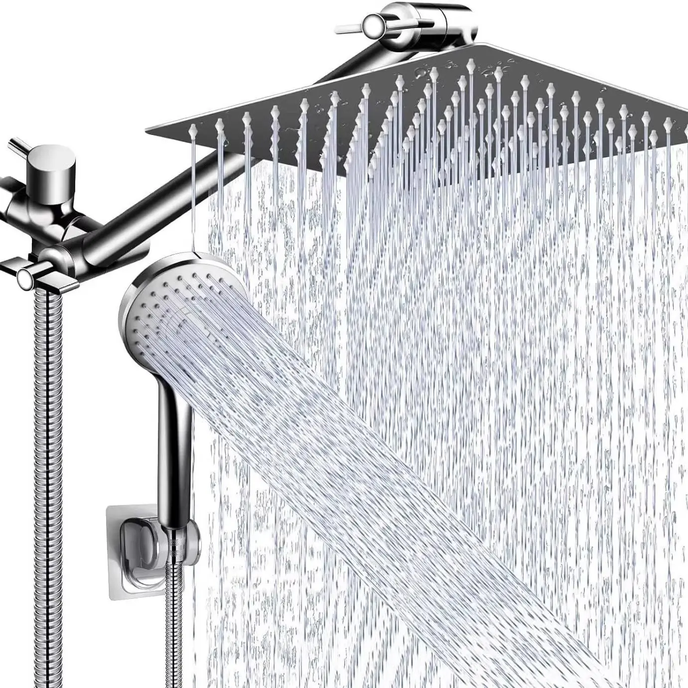 High-Pressure Rain Shower Head Combo Set, 11-Inch Extension Arm, 9 Water Modes, Adjustable Height and Angle, Chrome and Matte Finish, Leak-Proof Rainfall Shower Head, Showerhead Combo