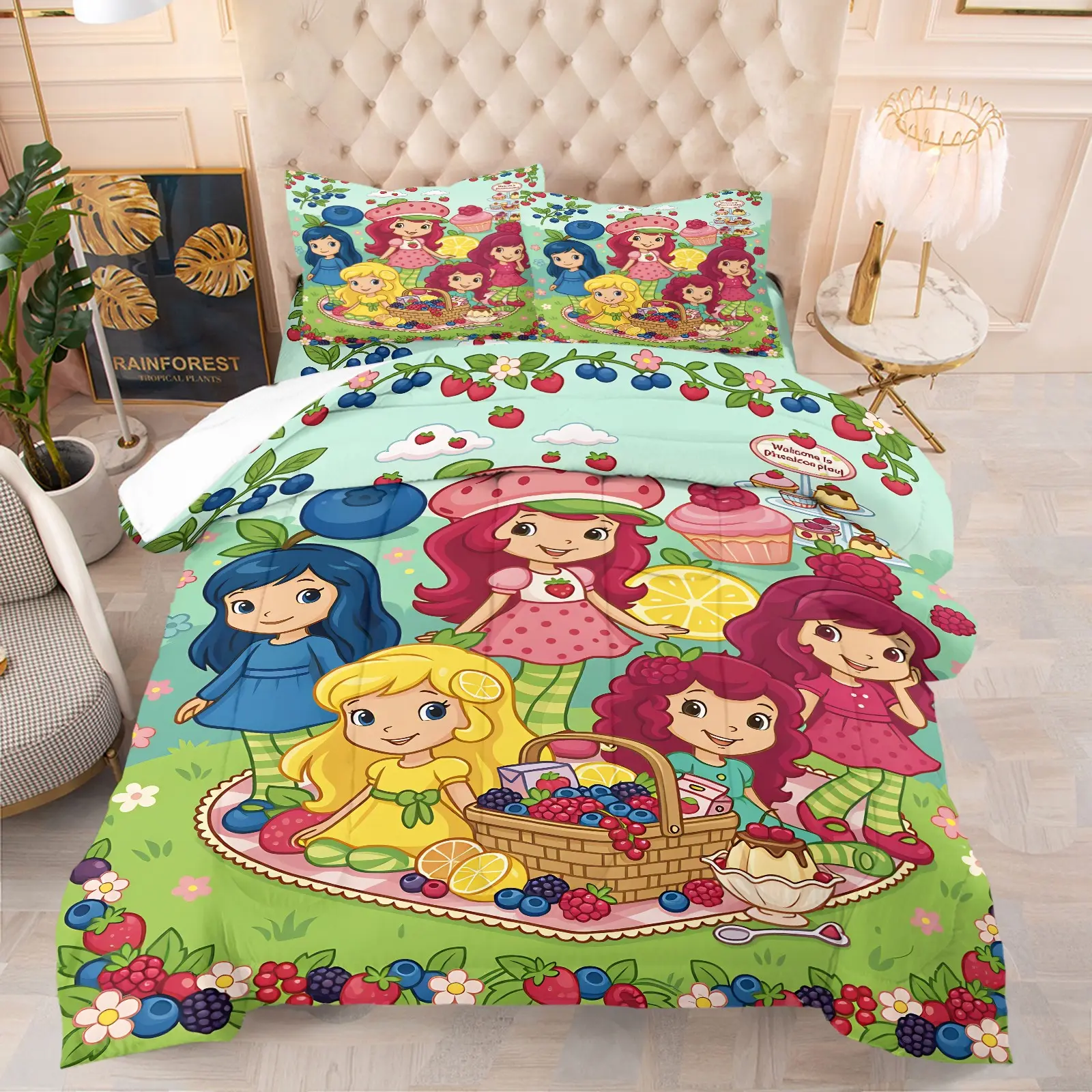 Sweet Strawberry Shortcake Mixed Berry Picnic Comforter Set, Soft Breathable Fruit Cartoon Themed Bedding, 1 Comforter + 1-2 Pillowcases, Lovely Gift for Girls Daughter, Twin/Full/Queen Size for Bedroom Dorm