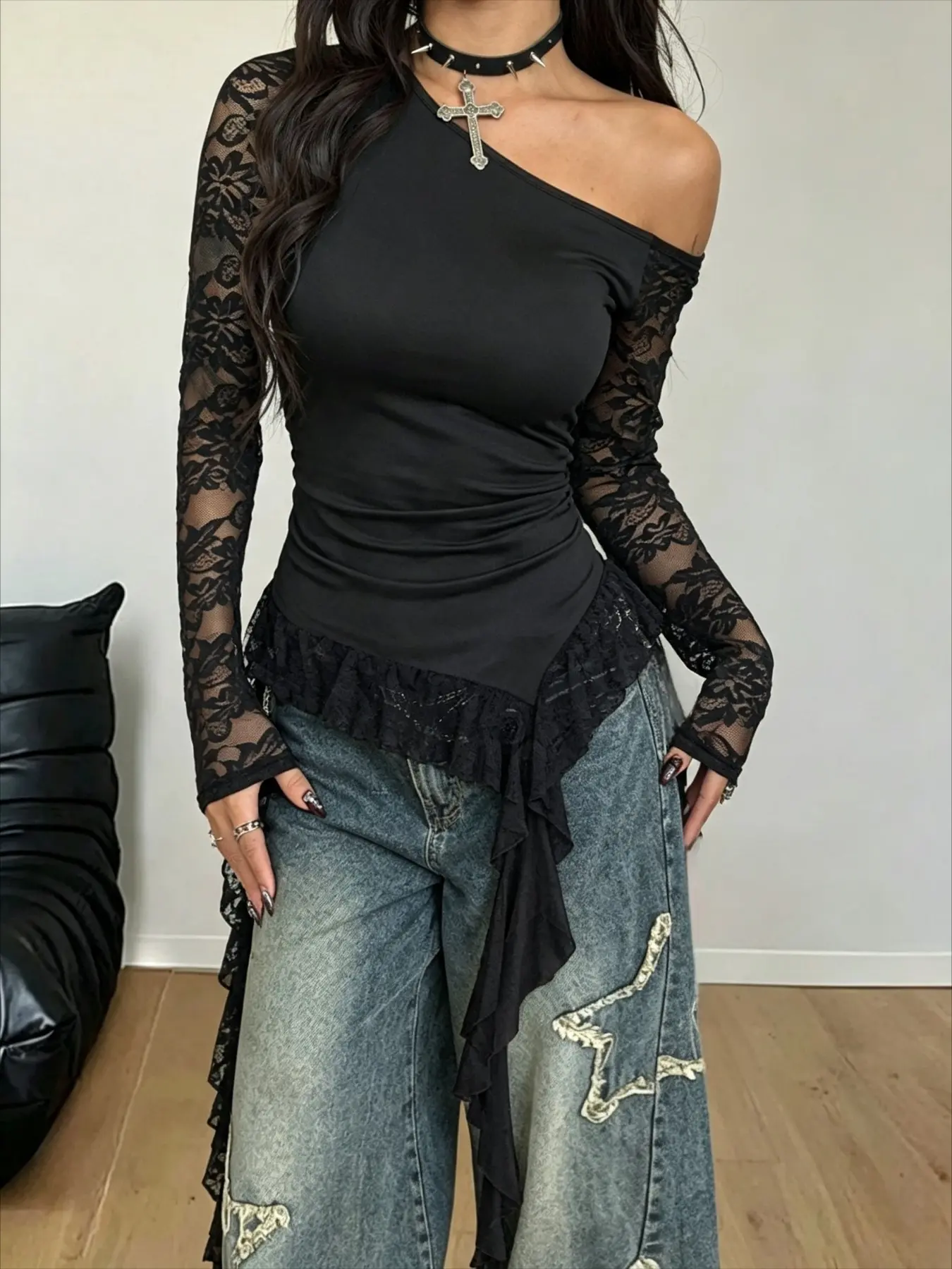 Women's Fall Streetwear Fringe T‑Shirt, Gyaru Style, Stretchy Asymmetrical Neck with Mesh Patchwork, for Concert & Vacation